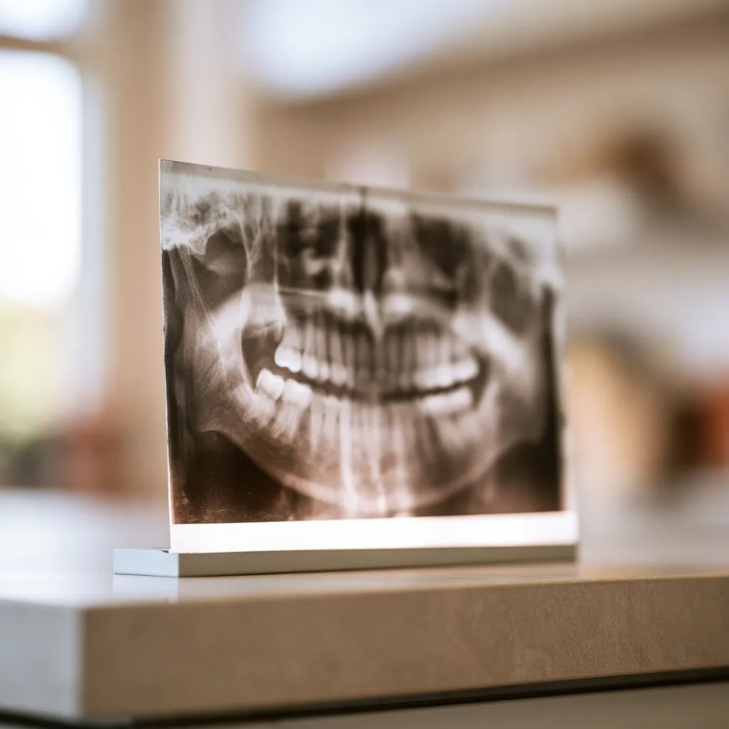 Radiografia panorâmica dos dentes em um suporte sobre a bancada