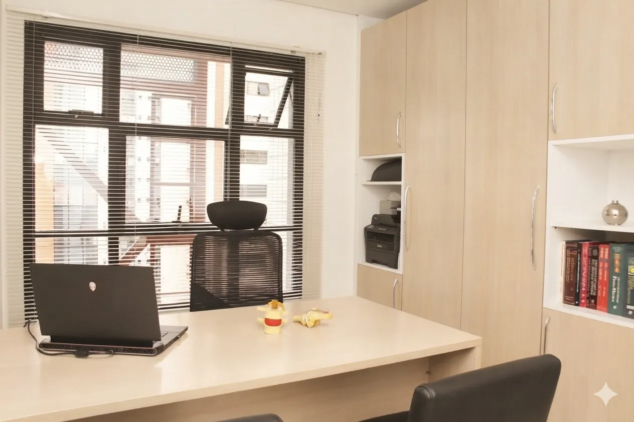 Sala de atendimento com mesa e janela ampla