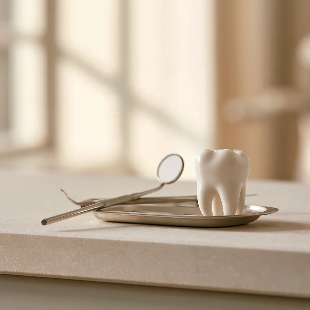 Espelho bucal e sonda exploradora em uma bandeja de aço ao lado de um modelo de dente molar