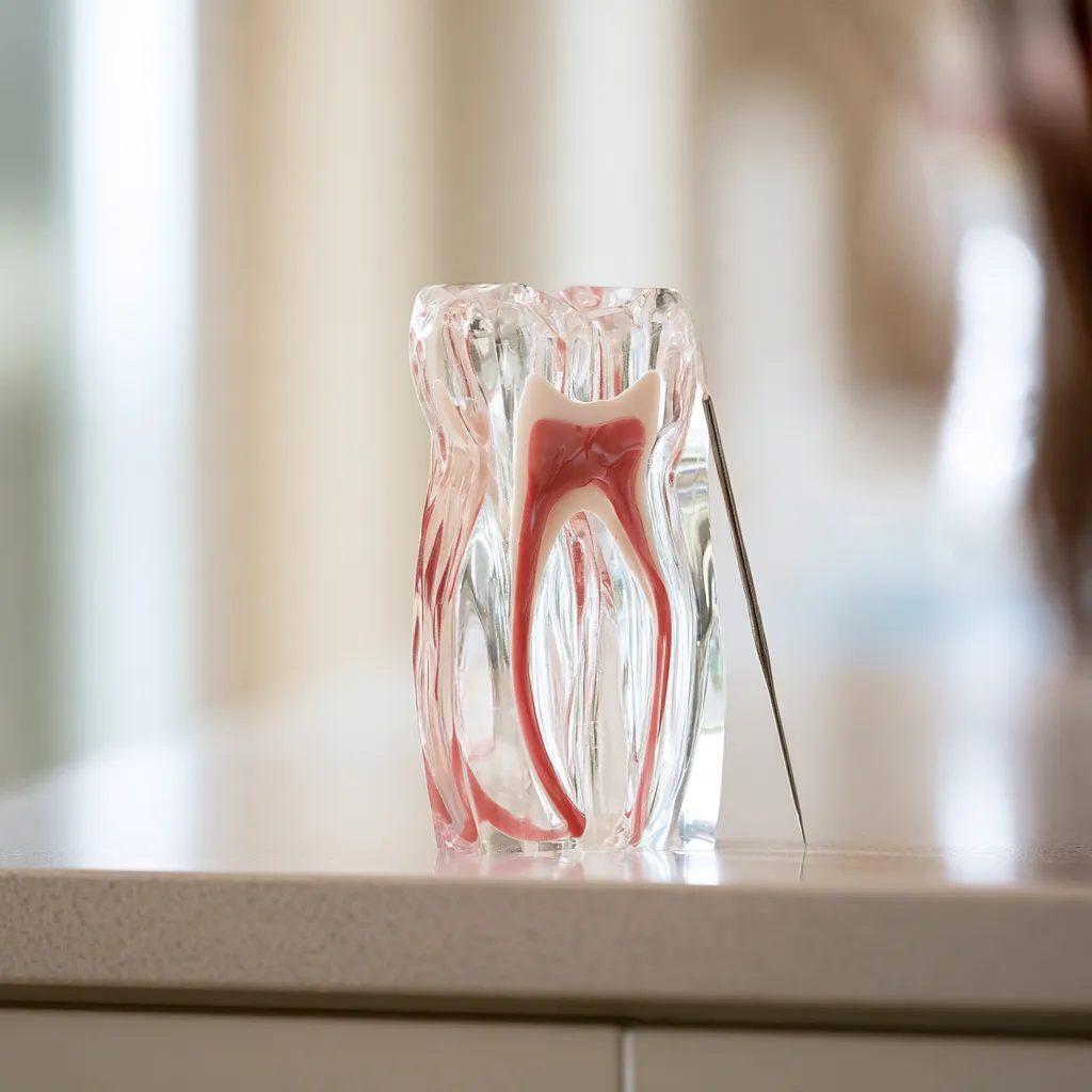 Modelo transparente de um dente molar mostrando a polpa e os canais em vermelho, com uma lima endodôntica ao lado
