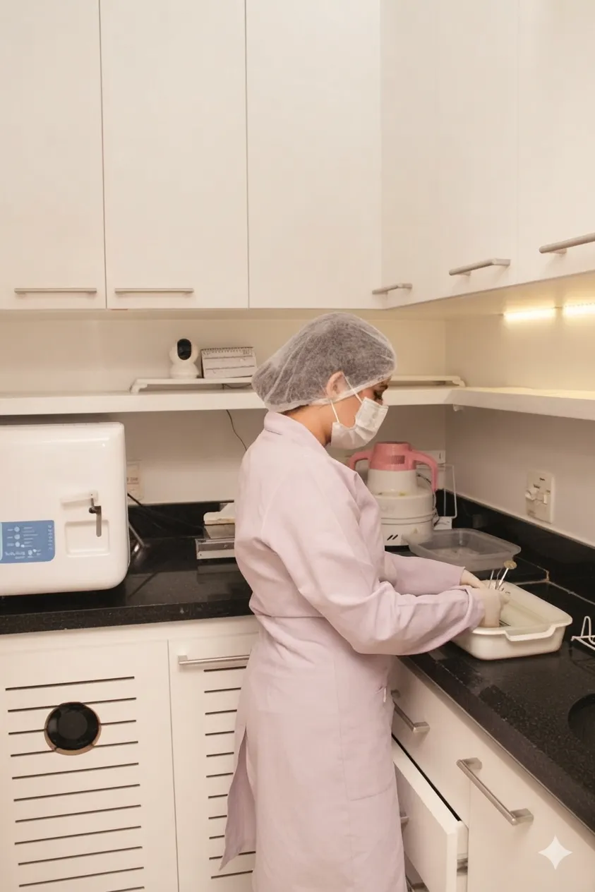 Profissional na sala de esterilização de instrumentos