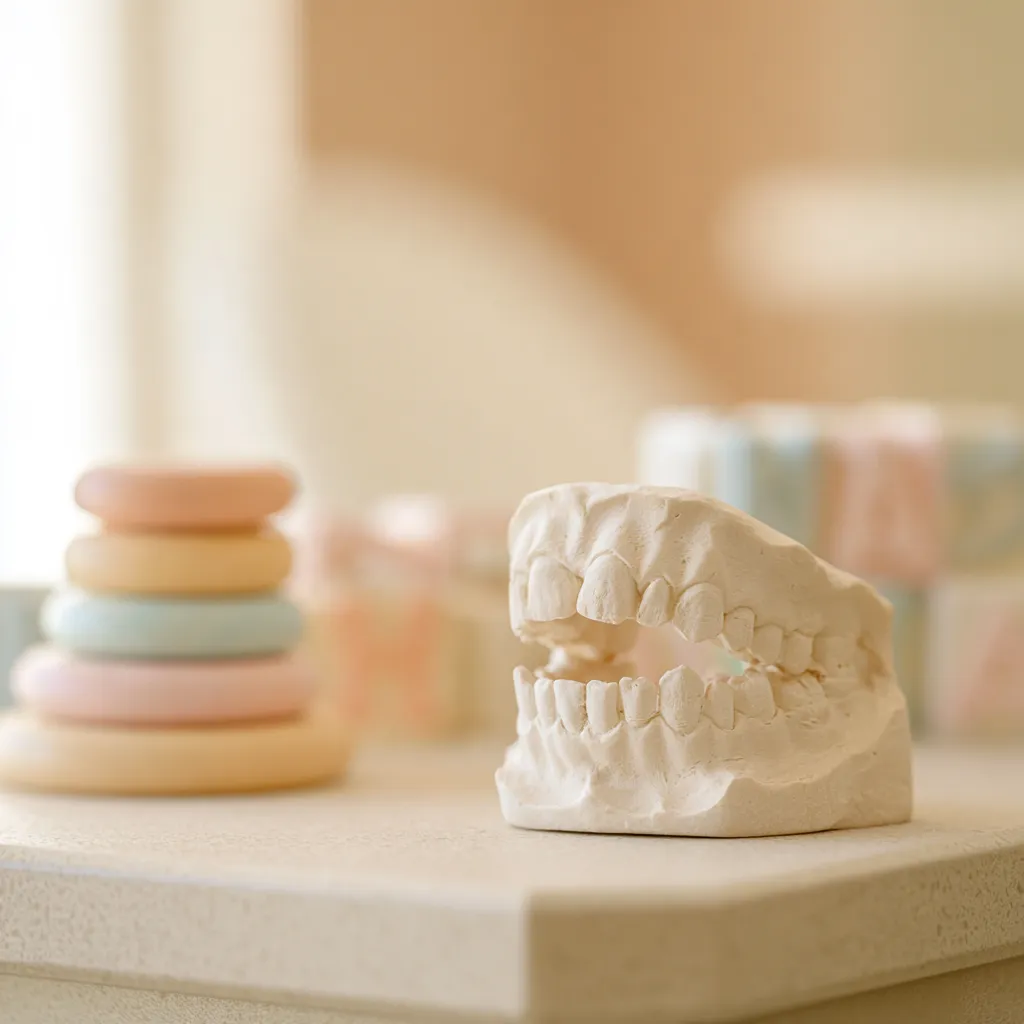 Modelo de gesso de uma arcada dentária infantil sobre uma bancada, com brinquedos de empilhar em tons pastel ao fundo