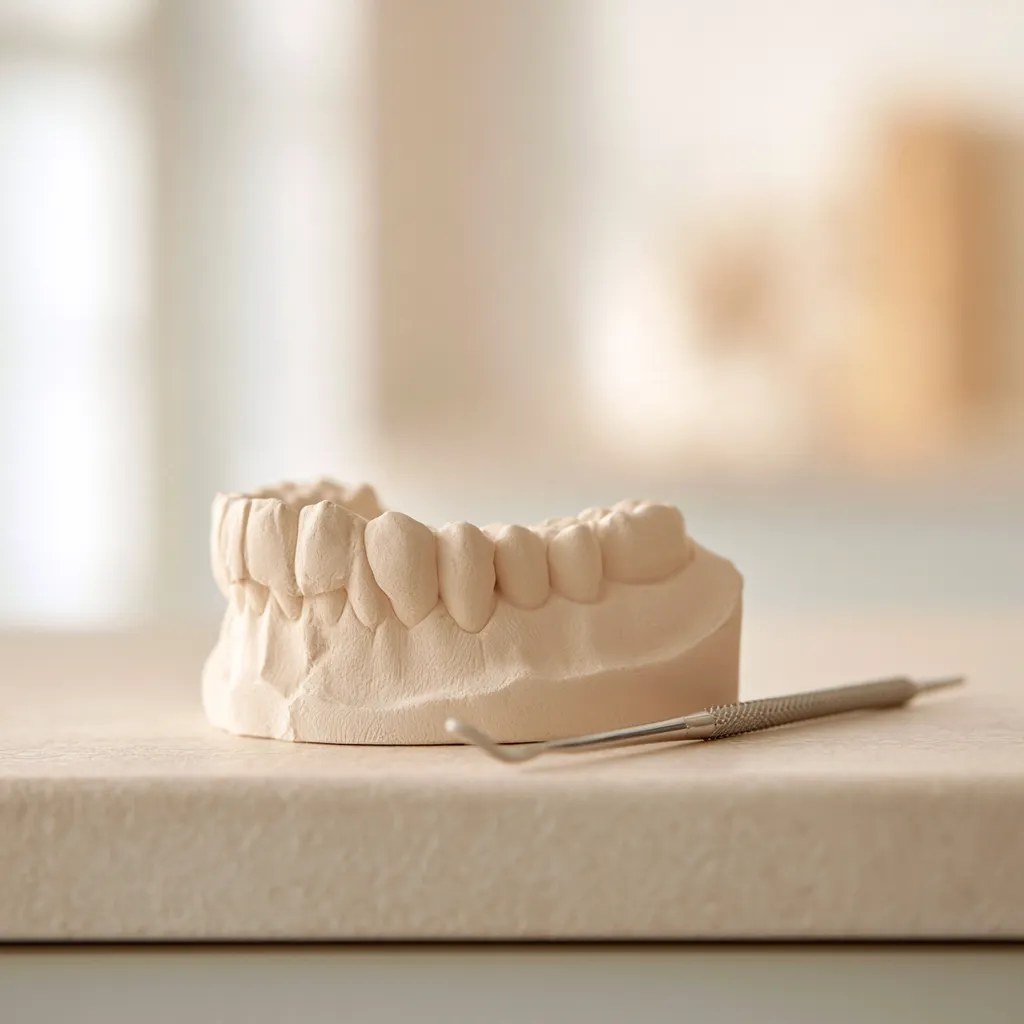 Modelo de gesso de uma arcada dentária com uma sonda periodontal ao lado